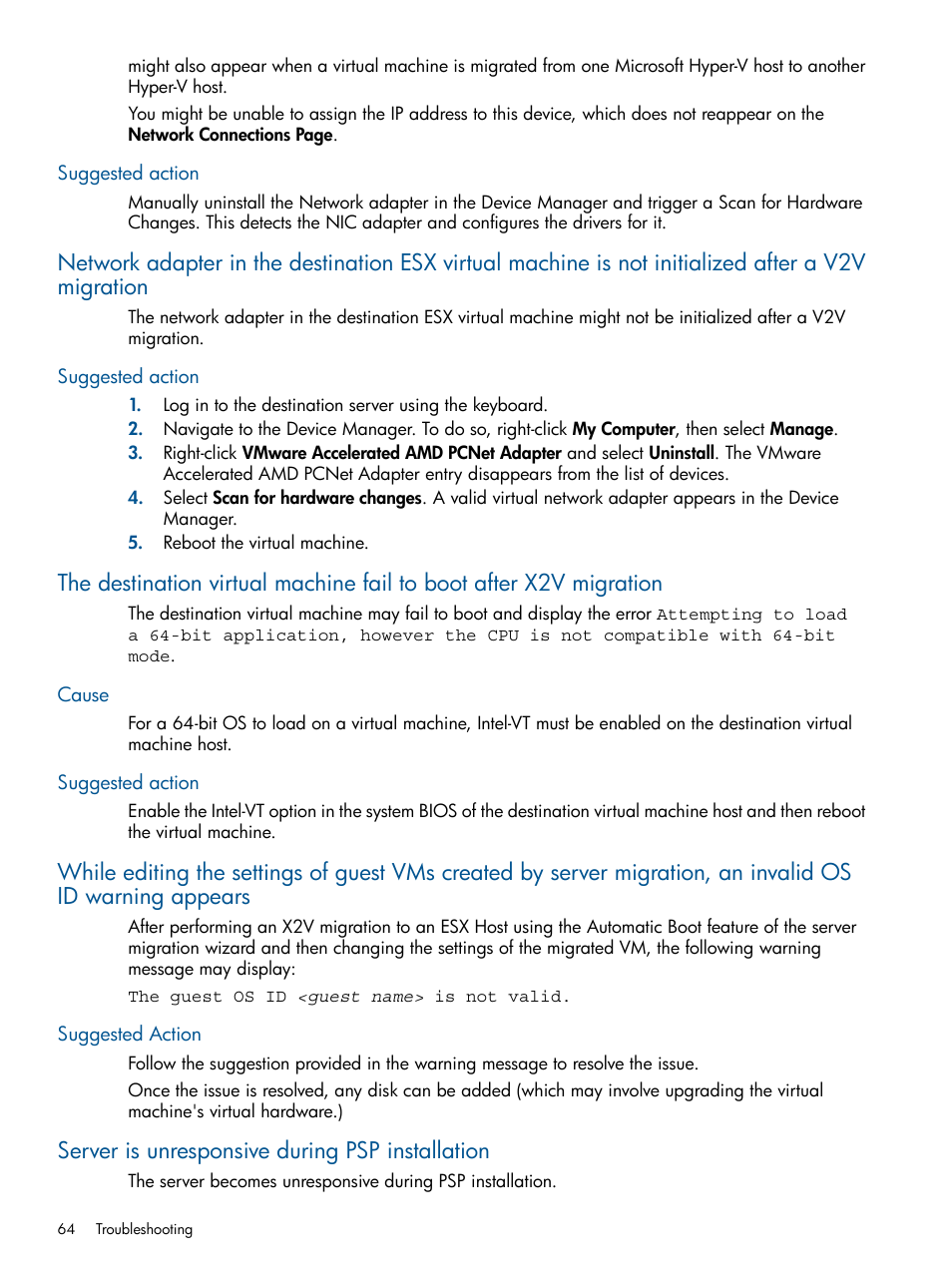 Suggested action, Cause, Server is unresponsive during psp installation | Cause suggested action | HP Virtual Connect Enterprise Manager Software User Manual | Page 64 / 79