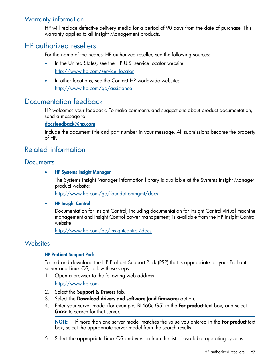 Warranty information, Hp authorized resellers, Documentation feedback | Related information, Documents, Websites, Documents websites | HP Virtual Connect Enterprise Manager Software User Manual | Page 67 / 79