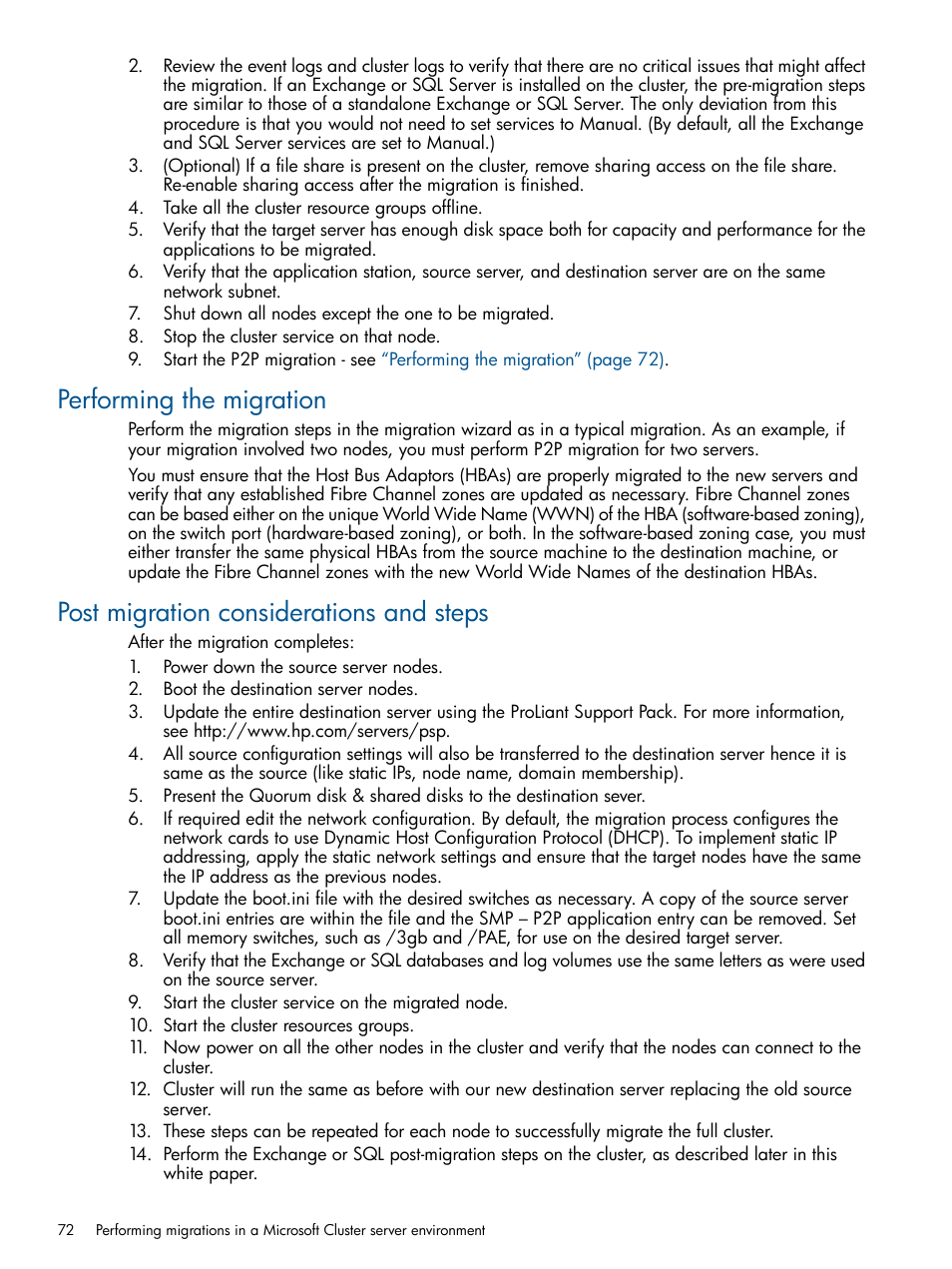 Performing the migration, Post migration considerations and steps | HP Virtual Connect Enterprise Manager Software User Manual | Page 72 / 79