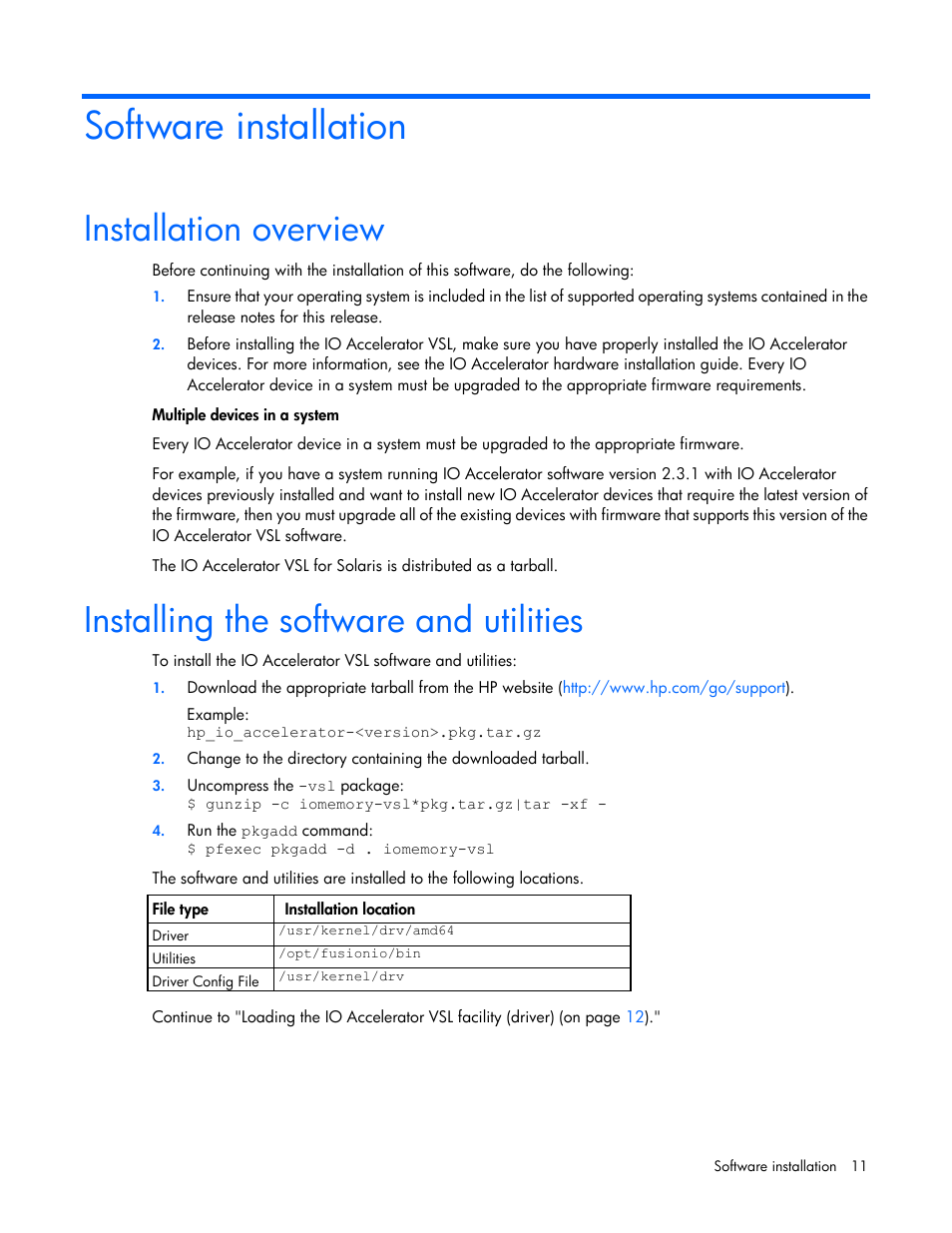 Software installation, Installation overview, Installing the software and utilities | HP IO Accelerator for BladeSystem c-Class User Manual | Page 11 / 51