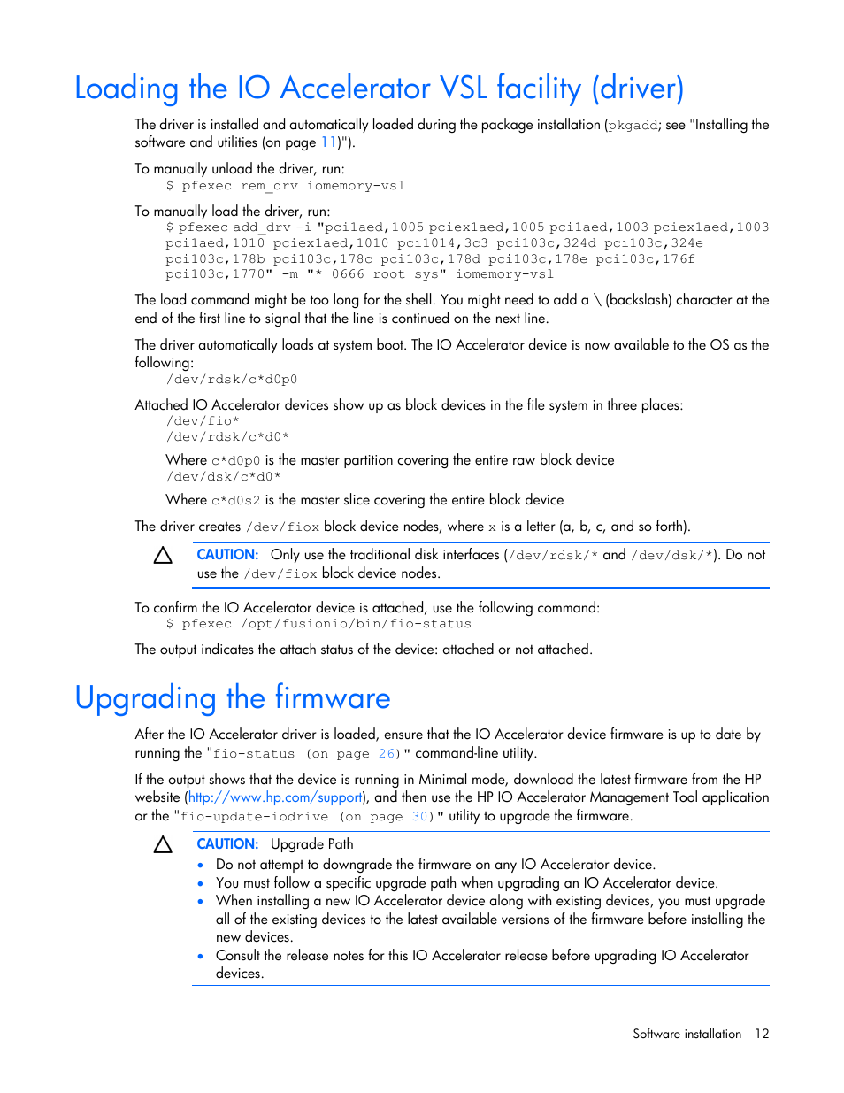 Loading the io accelerator vsl facility (driver), Upgrading the firmware | HP IO Accelerator for BladeSystem c-Class User Manual | Page 12 / 51