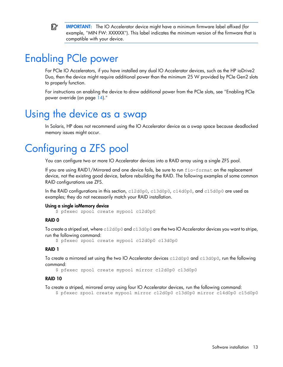 Enabling pcie power, Using the device as a swap, Configuring a zfs pool | HP IO Accelerator for BladeSystem c-Class User Manual | Page 13 / 51
