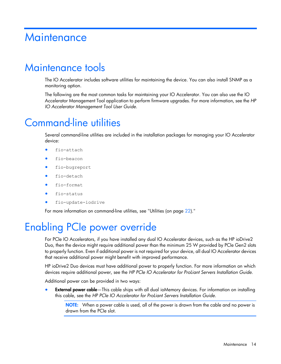 Maintenance, Maintenance tools, Command-line utilities | Enabling pcie power override | HP IO Accelerator for BladeSystem c-Class User Manual | Page 14 / 51