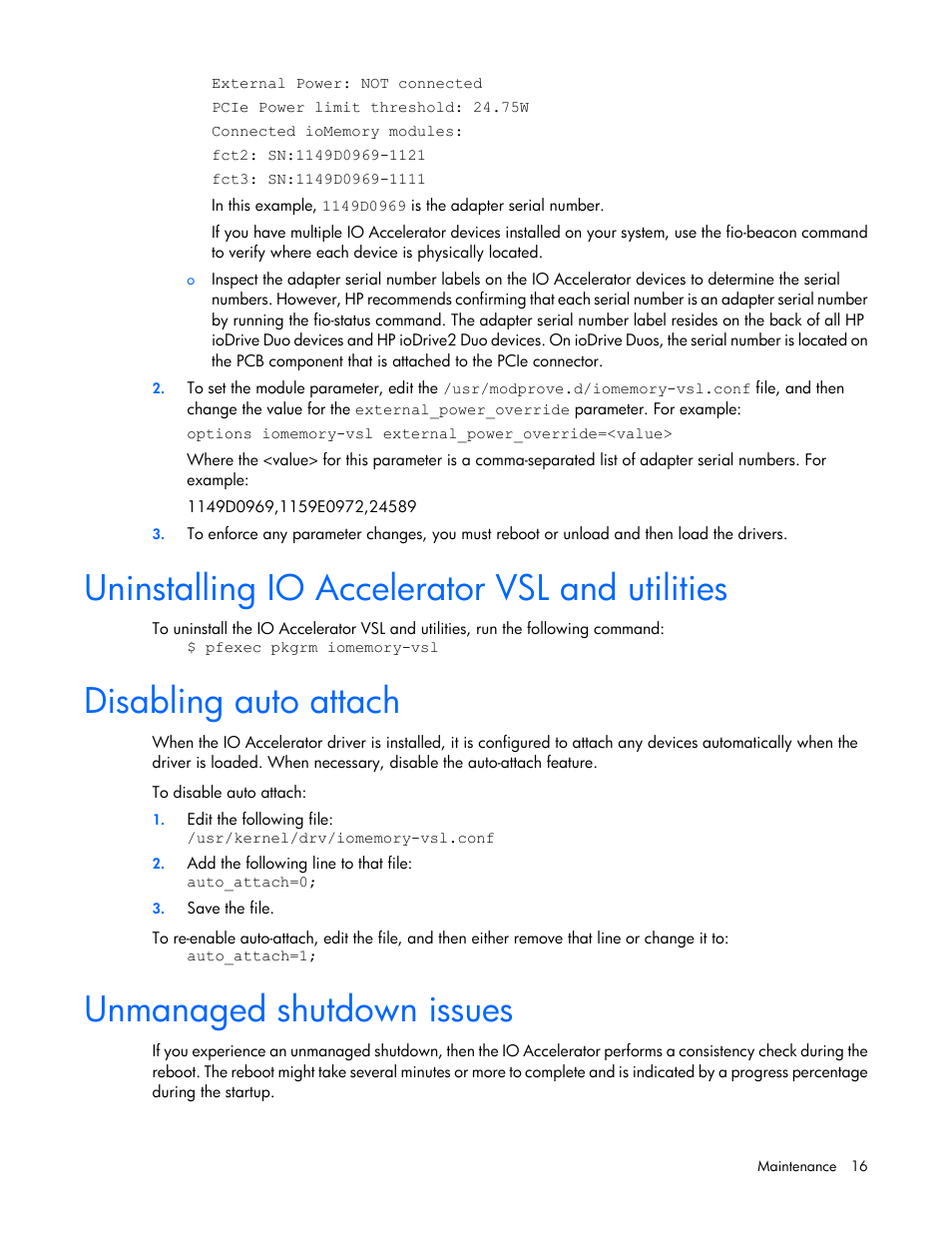 Uninstalling io accelerator vsl and utilities, Disabling auto attach, Unmanaged shutdown issues | HP IO Accelerator for BladeSystem c-Class User Manual | Page 16 / 51