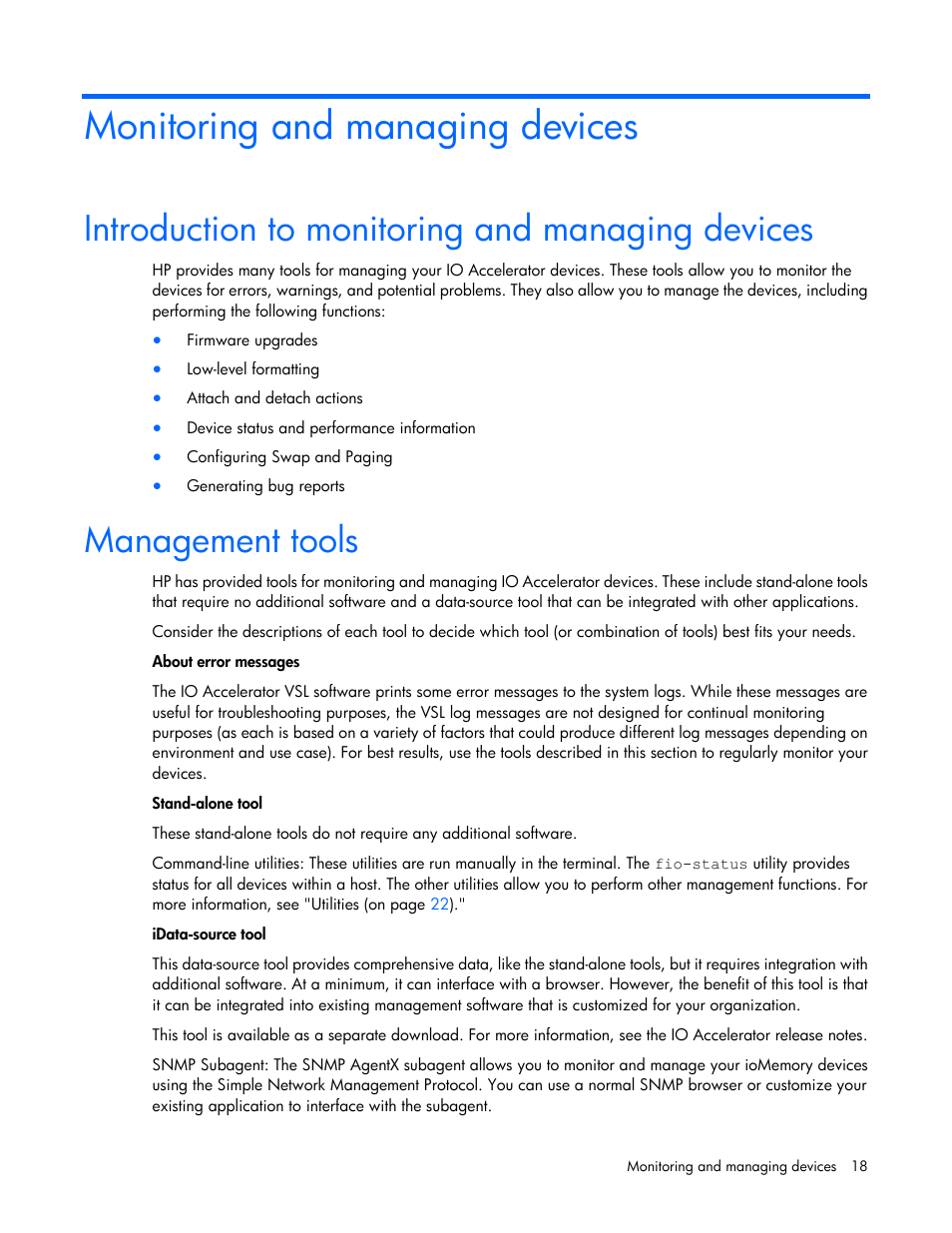 Monitoring and managing devices, Introduction to monitoring and managing devices, Management tools | HP IO Accelerator for BladeSystem c-Class User Manual | Page 18 / 51