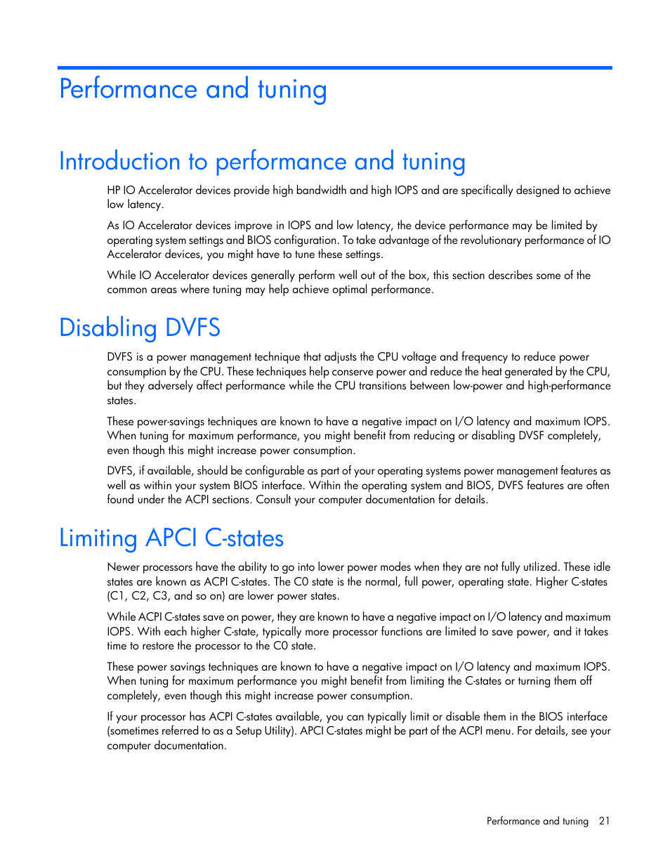 Performance and tuning, Introduction to performance and tuning, Disabling dvfs | Limiting apci c-states | HP IO Accelerator for BladeSystem c-Class User Manual | Page 21 / 51