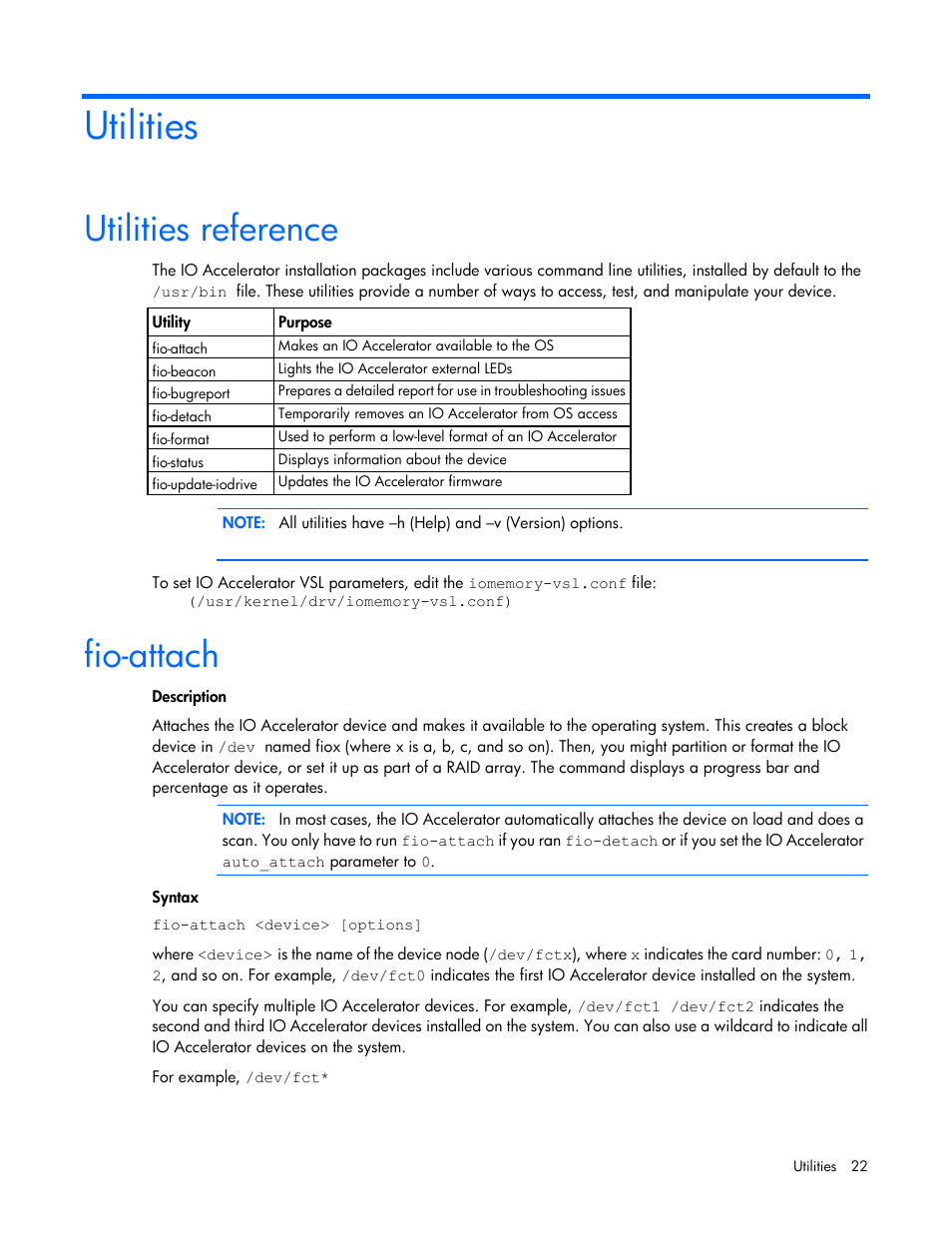 Utilities, Utilities reference, Fio-attach | HP IO Accelerator for BladeSystem c-Class User Manual | Page 22 / 51