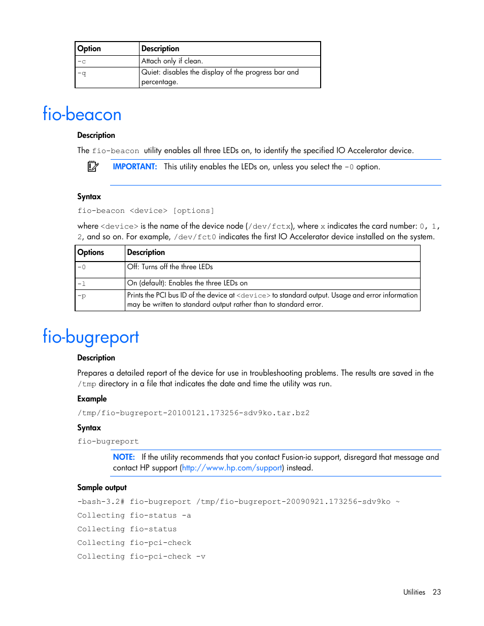 Fio-beacon, Fio-bugreport | HP IO Accelerator for BladeSystem c-Class User Manual | Page 23 / 51