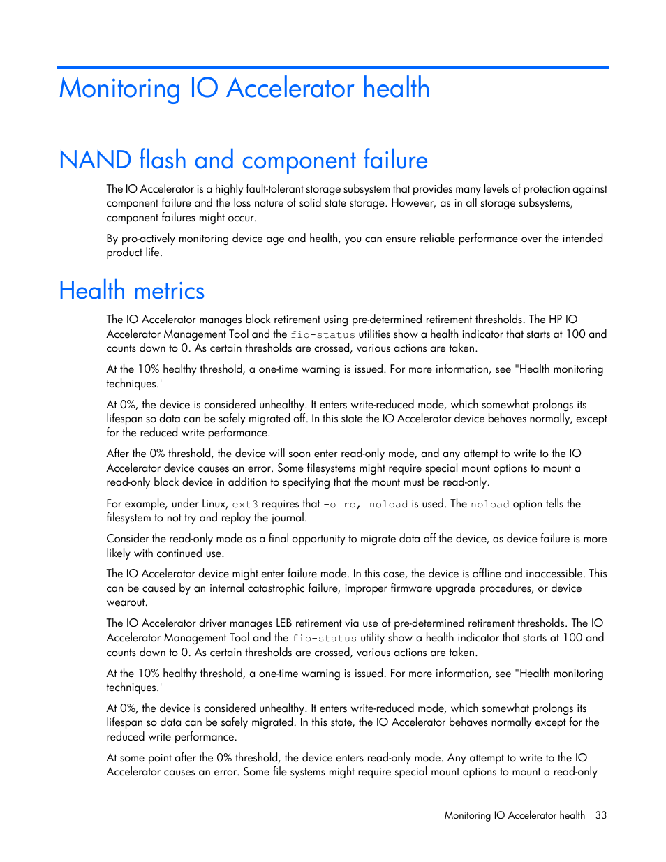 Monitoring io accelerator health, Nand flash and component failure, Health metrics | HP IO Accelerator for BladeSystem c-Class User Manual | Page 33 / 51