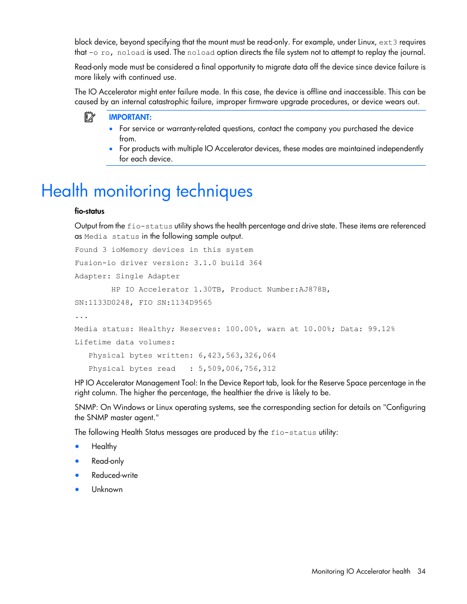 Health monitoring techniques | HP IO Accelerator for BladeSystem c-Class User Manual | Page 34 / 51