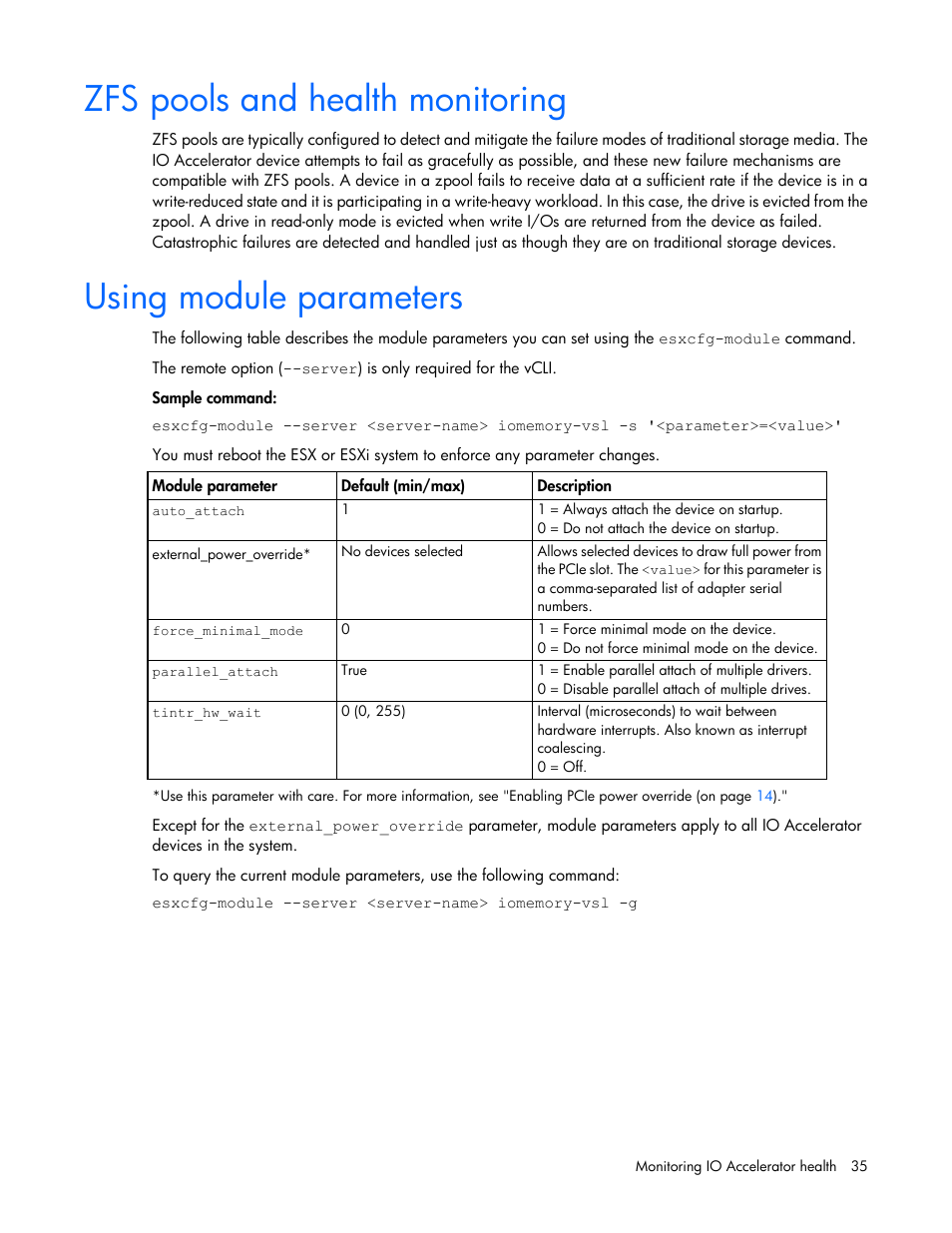 Zfs pools and health monitoring, Using module parameters | HP IO Accelerator for BladeSystem c-Class User Manual | Page 35 / 51