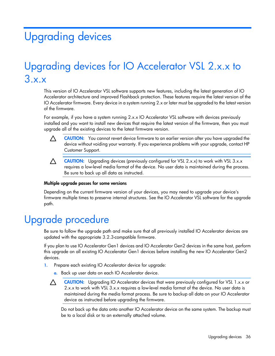 Upgrading devices, Upgrade procedure | HP IO Accelerator for BladeSystem c-Class User Manual | Page 36 / 51