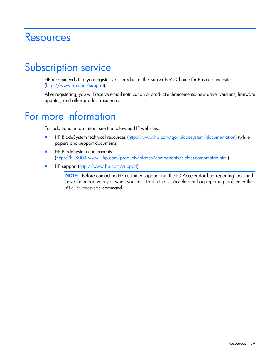 Resources, Subscription service, For more information | HP IO Accelerator for BladeSystem c-Class User Manual | Page 39 / 51