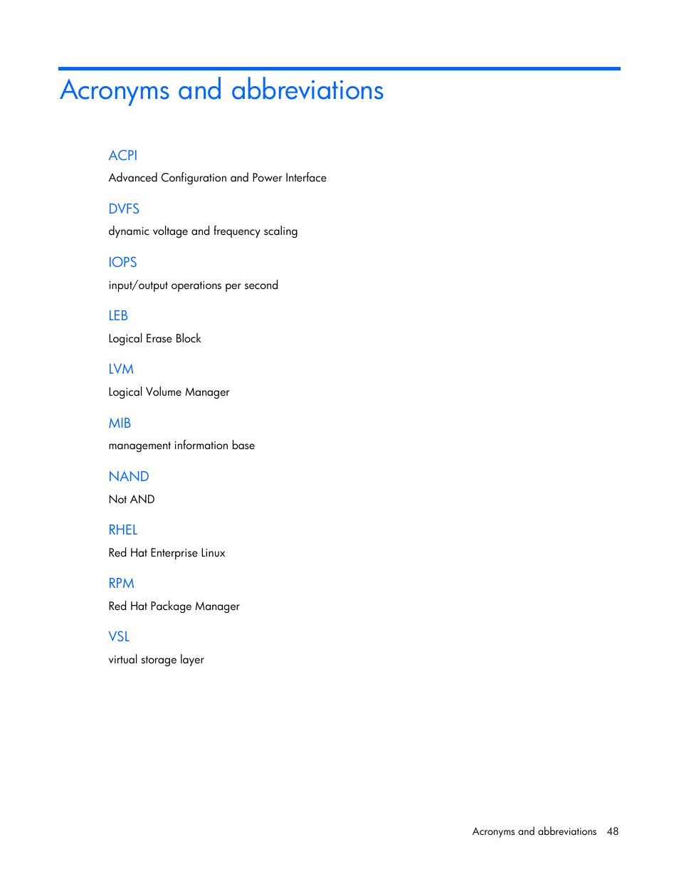 Acronyms and abbreviations | HP IO Accelerator for BladeSystem c-Class User Manual | Page 48 / 51