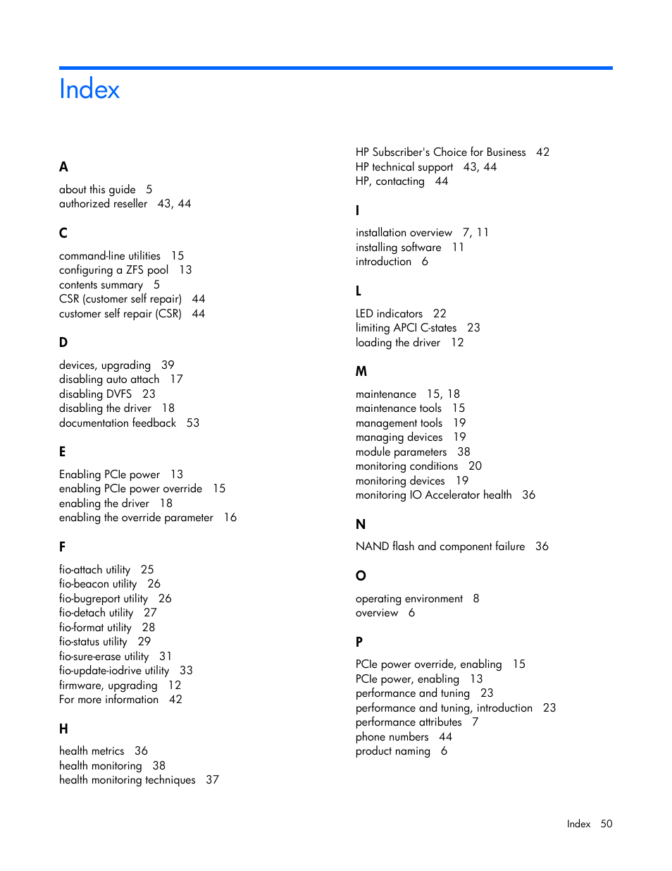 Index | HP IO Accelerator for BladeSystem c-Class User Manual | Page 50 / 51