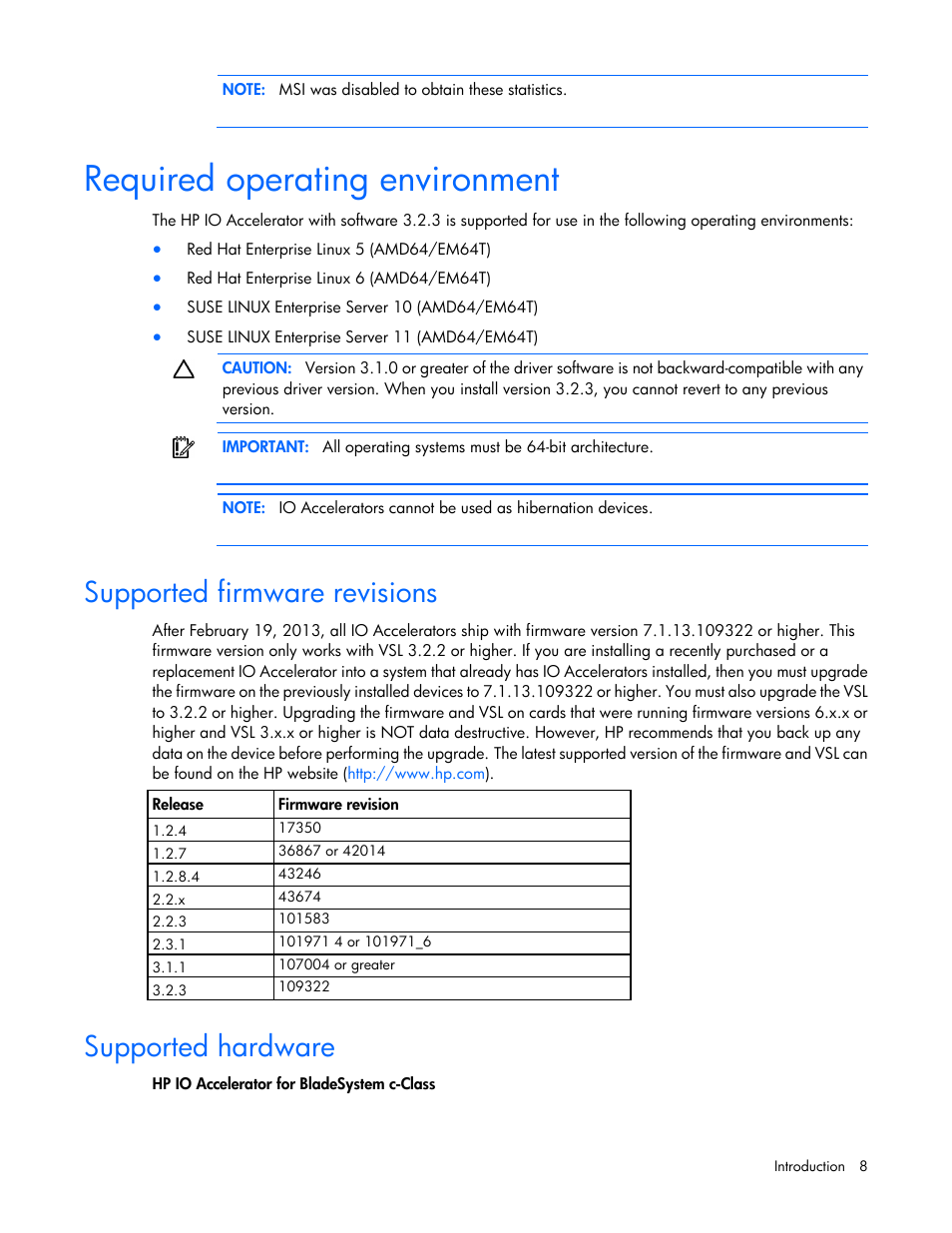 Required operating environment, Supported firmware revisions, Supported hardware | HP IO Accelerator for BladeSystem c-Class User Manual | Page 8 / 51