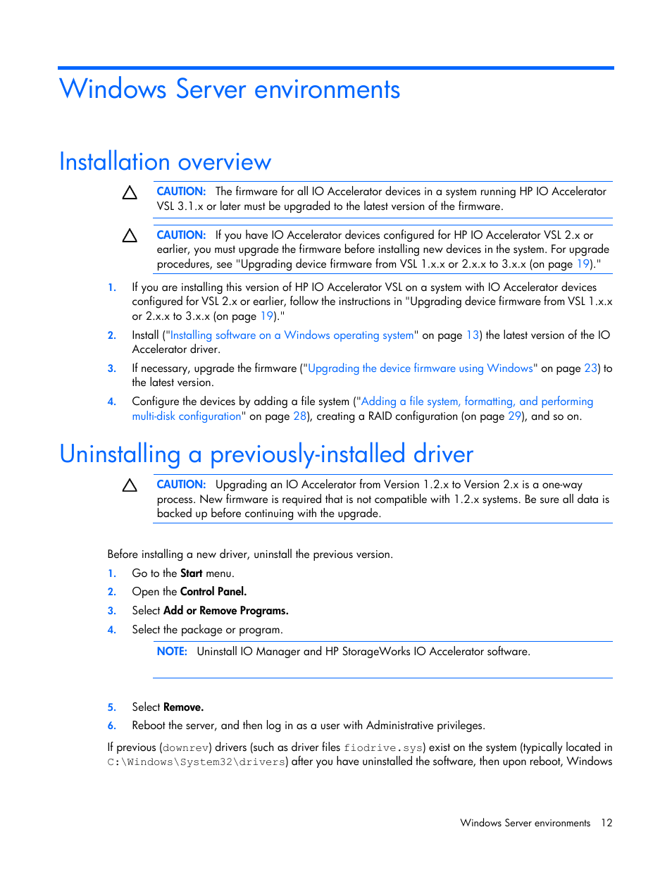 Windows server environments, Installation overview, Uninstalling a previously-installed driver | HP IO Accelerator for BladeSystem c-Class User Manual | Page 12 / 84