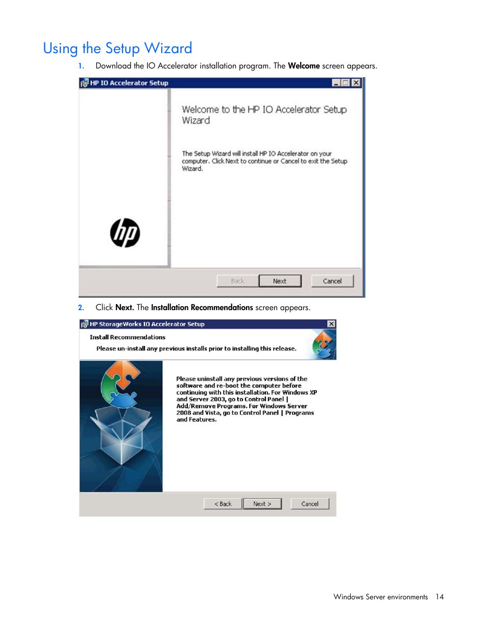 Using the setup wizard | HP IO Accelerator for BladeSystem c-Class User Manual | Page 14 / 84