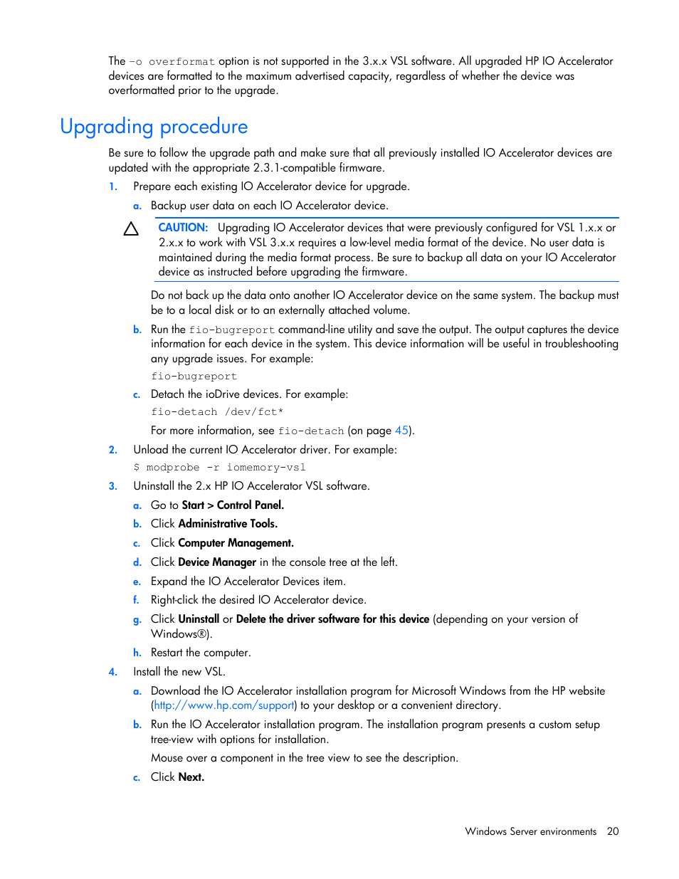 Upgrading procedure | HP IO Accelerator for BladeSystem c-Class User Manual | Page 20 / 84