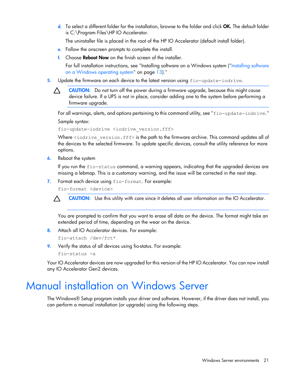 Manual installation on windows server | HP IO Accelerator for BladeSystem c-Class User Manual | Page 21 / 84