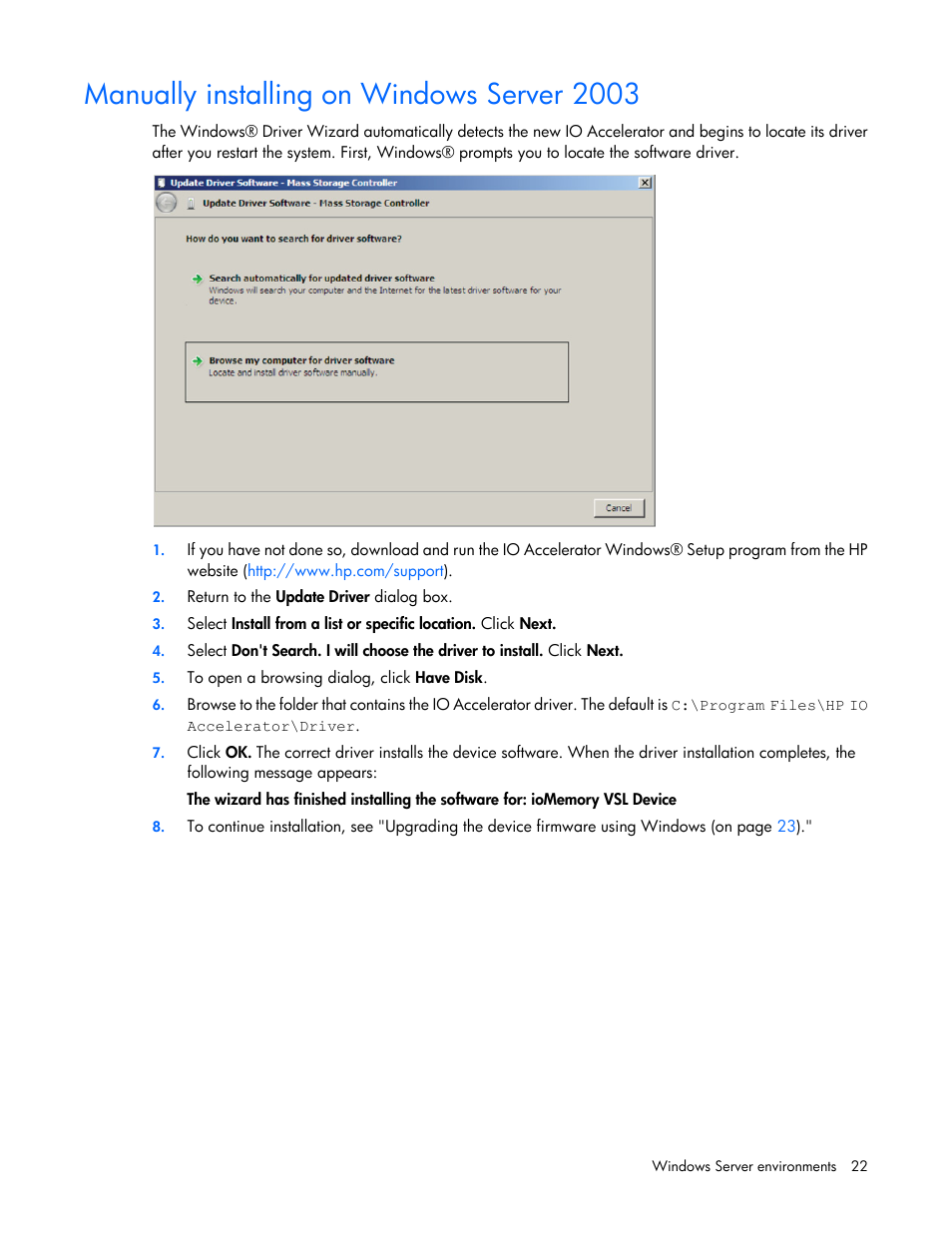 Manually installing on windows server 2003 | HP IO Accelerator for BladeSystem c-Class User Manual | Page 22 / 84