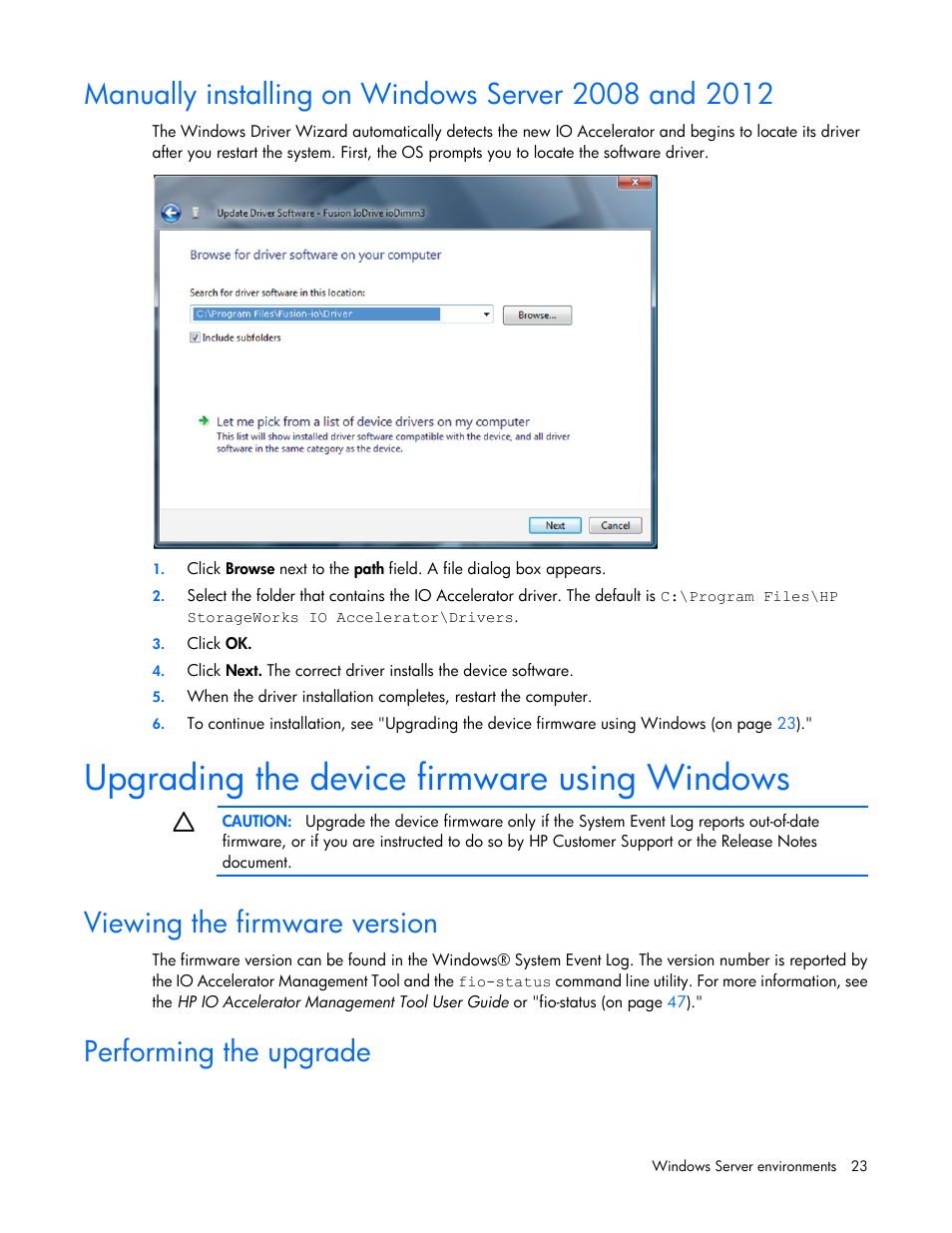 Upgrading the device firmware using windows, Viewing the firmware version, Performing the upgrade | HP IO Accelerator for BladeSystem c-Class User Manual | Page 23 / 84