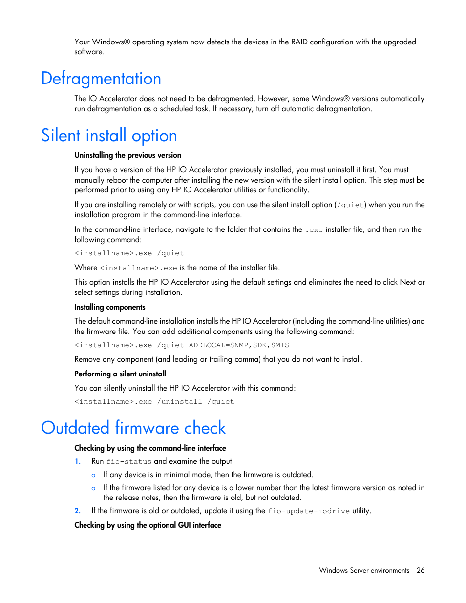 Defragmentation, Silent install option, Outdated firmware check | HP IO Accelerator for BladeSystem c-Class User Manual | Page 26 / 84