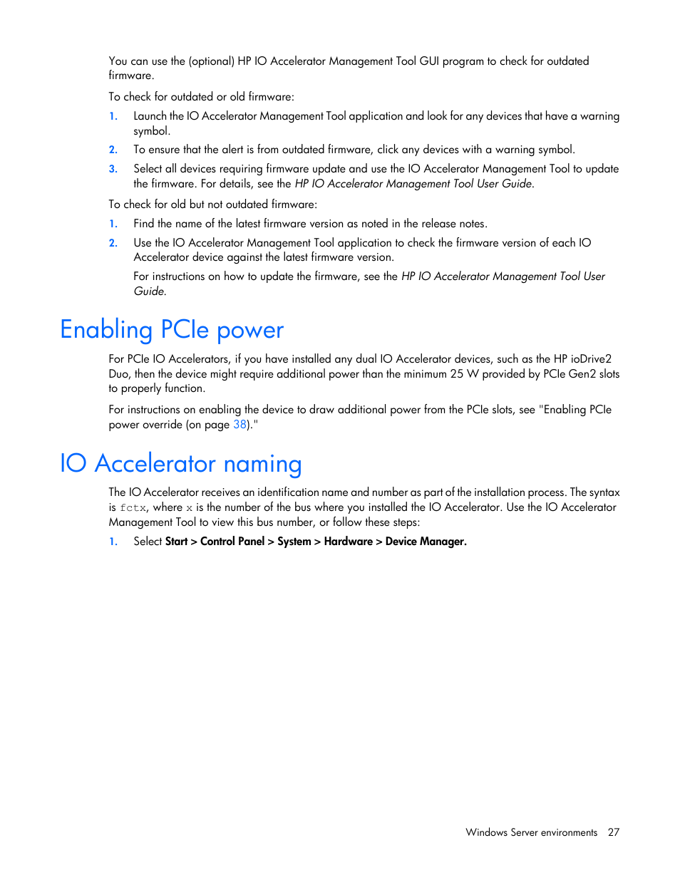 Enabling pcie power, Io accelerator naming | HP IO Accelerator for BladeSystem c-Class User Manual | Page 27 / 84