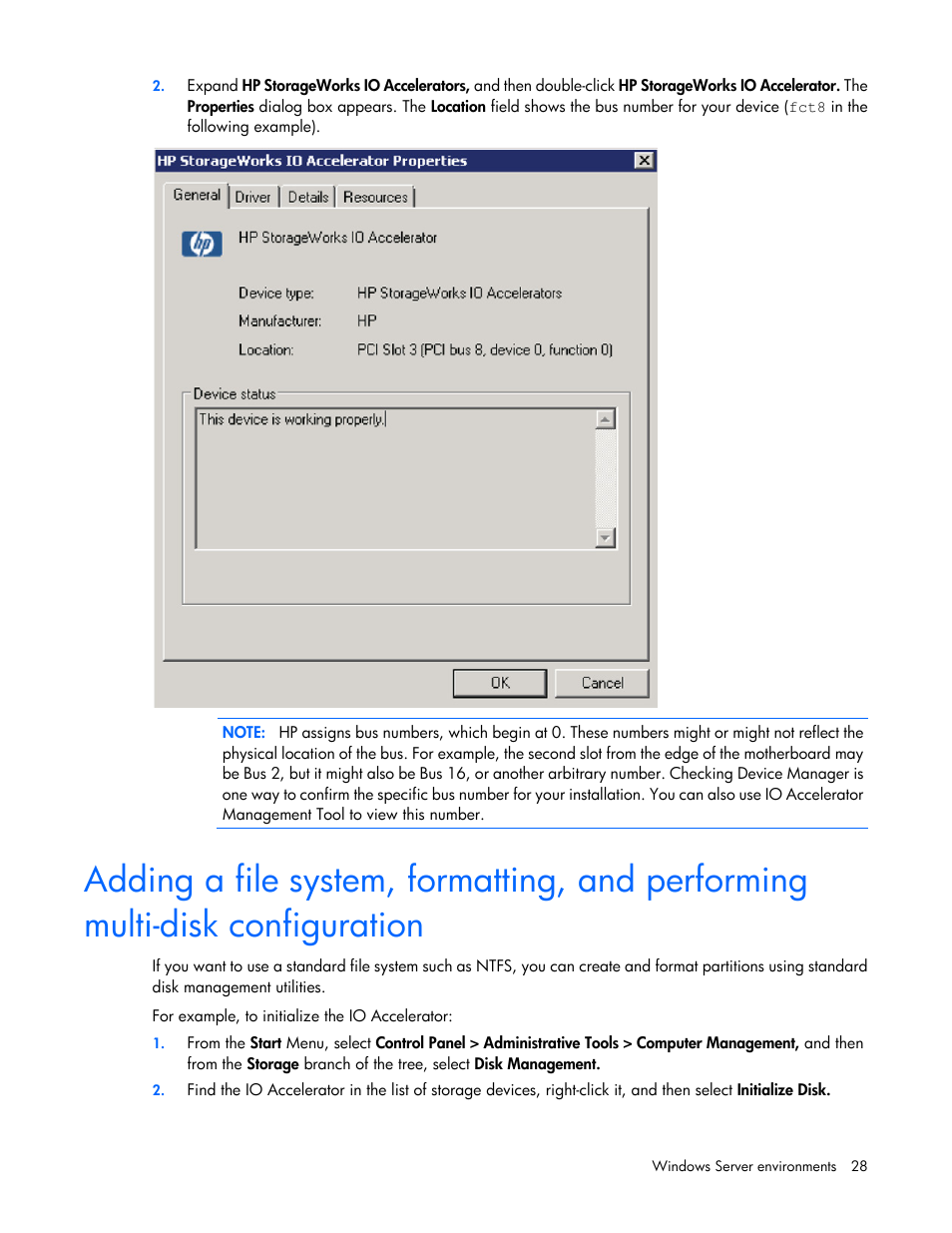 Adding a file system, formatting, and performing, Multi-disk configuration | HP IO Accelerator for BladeSystem c-Class User Manual | Page 28 / 84