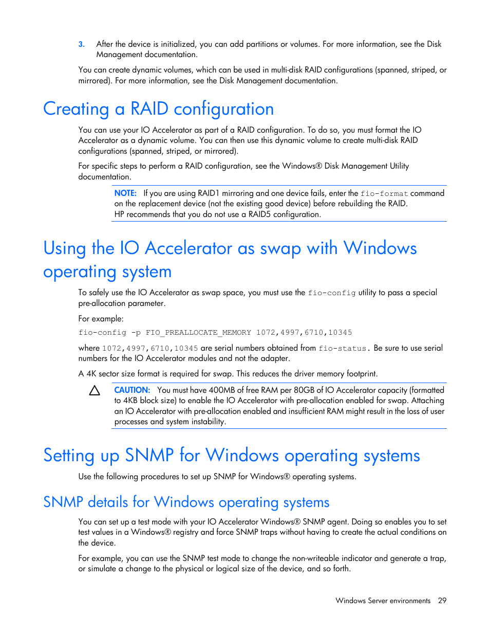 Creating a raid configuration, Setting up snmp for windows operating systems, Snmp details for windows operating systems | HP IO Accelerator for BladeSystem c-Class User Manual | Page 29 / 84