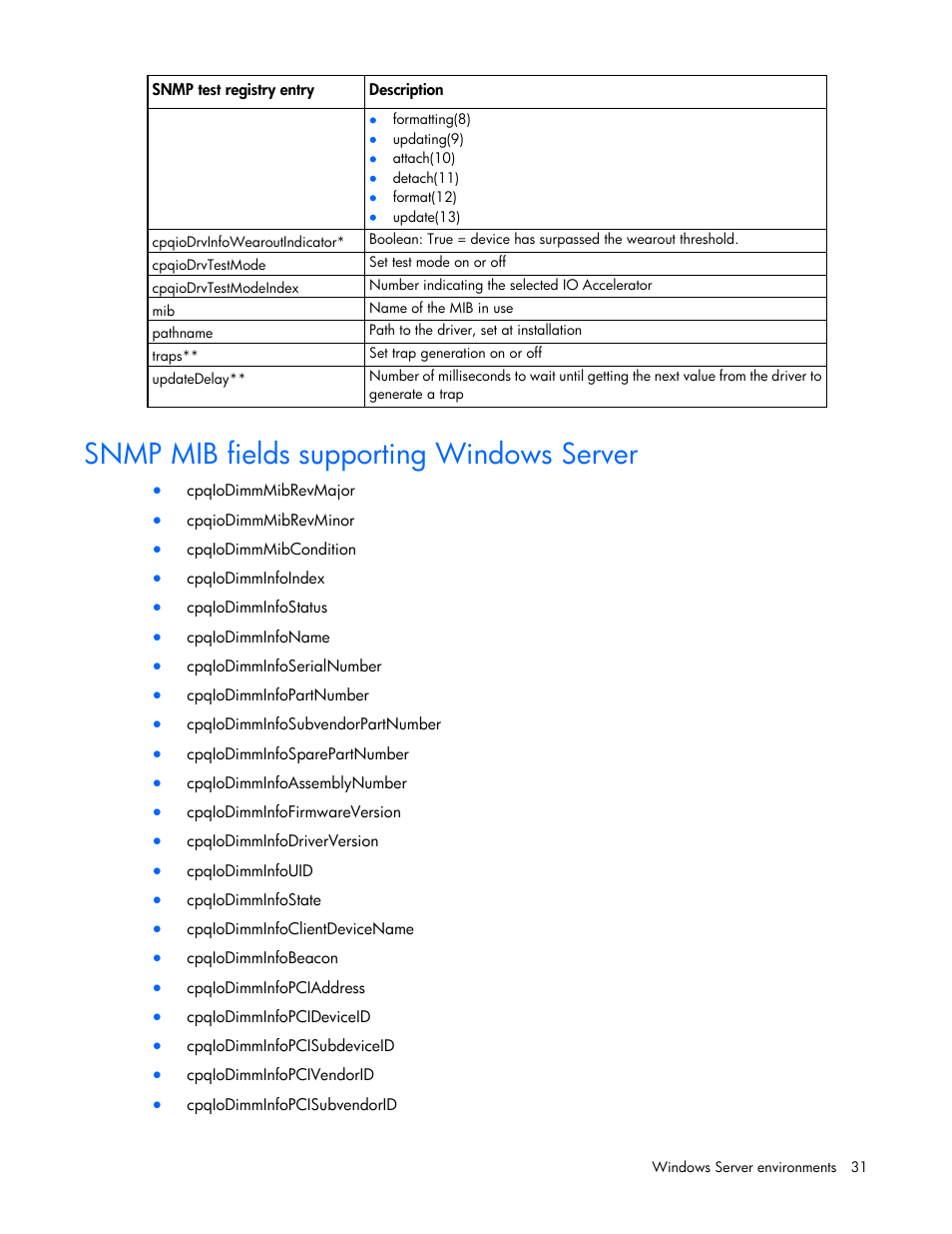 Snmp mib fields supporting windows server | HP IO Accelerator for BladeSystem c-Class User Manual | Page 31 / 84