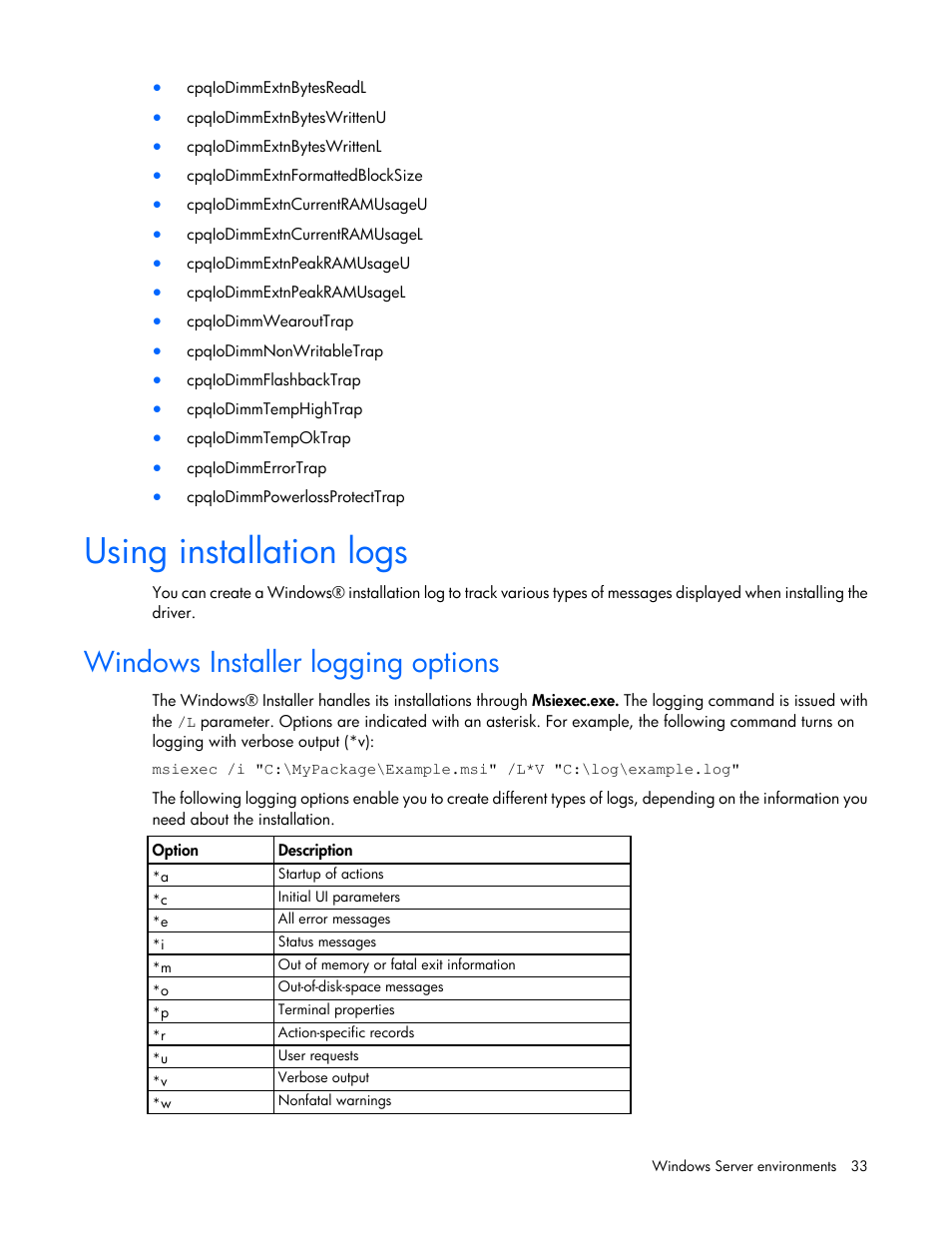 Using installation logs, Windows installer logging options | HP IO Accelerator for BladeSystem c-Class User Manual | Page 33 / 84