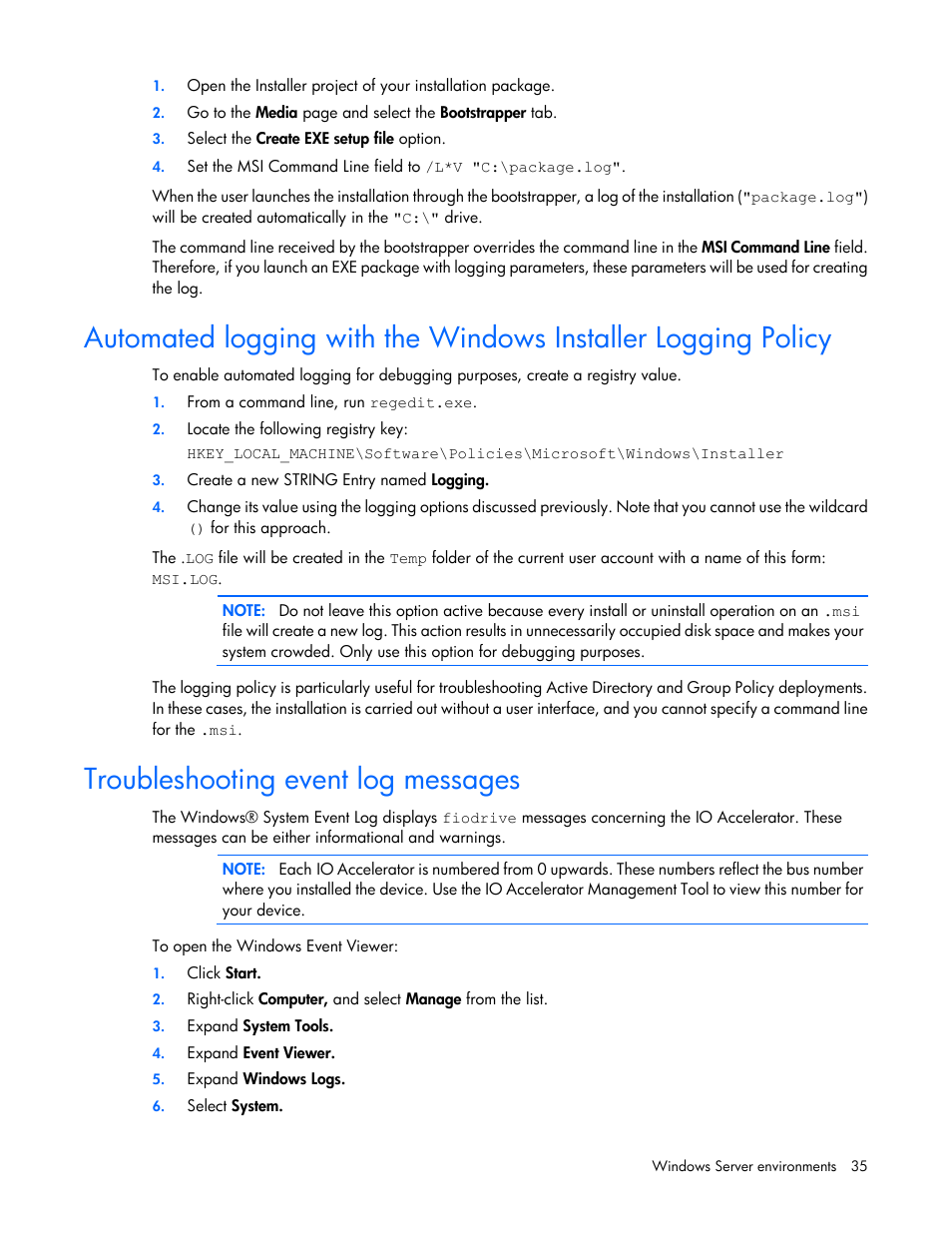 Troubleshooting event log messages | HP IO Accelerator for BladeSystem c-Class User Manual | Page 35 / 84