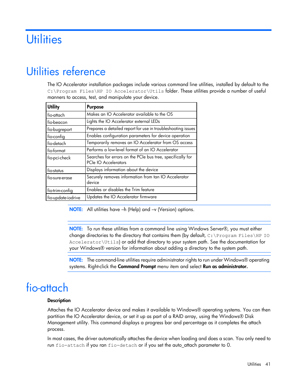 Utilities, Utilities reference, Fio-attach | HP IO Accelerator for BladeSystem c-Class User Manual | Page 41 / 84