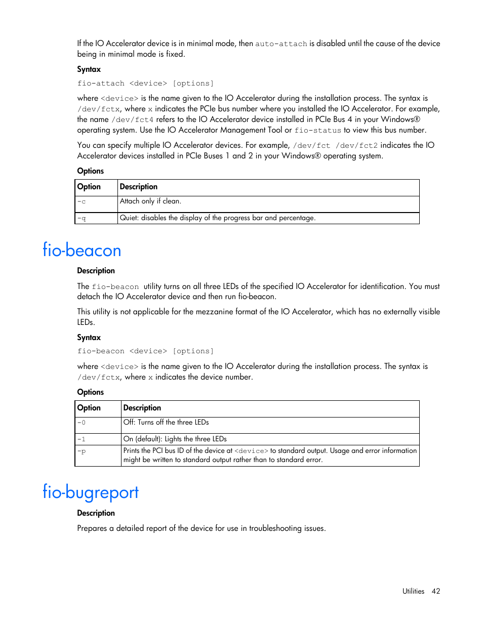 Fio-beacon, Fio-bugreport | HP IO Accelerator for BladeSystem c-Class User Manual | Page 42 / 84
