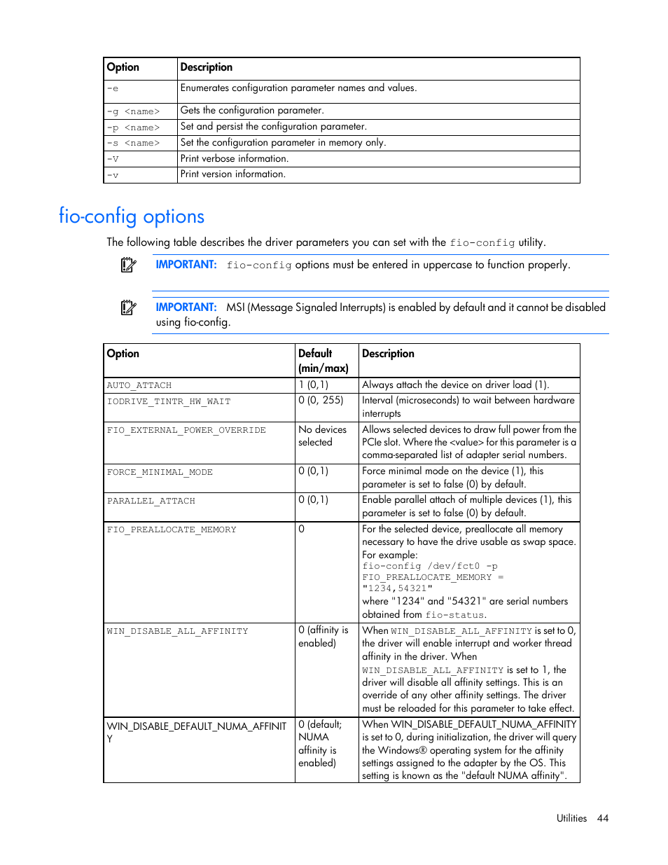 Fio-config options | HP IO Accelerator for BladeSystem c-Class User Manual | Page 44 / 84