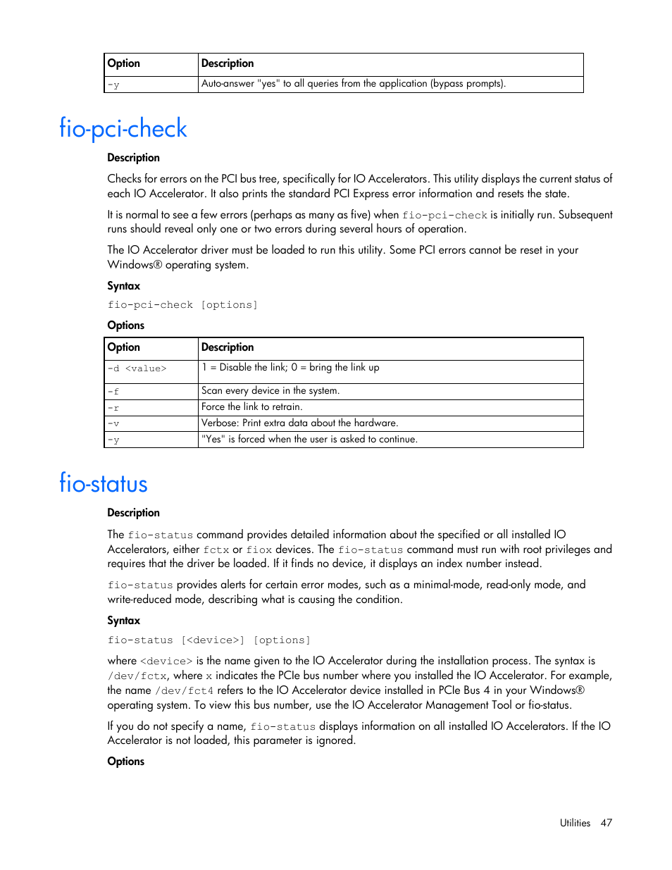 Fio-pci-check, Fio-status | HP IO Accelerator for BladeSystem c-Class User Manual | Page 47 / 84