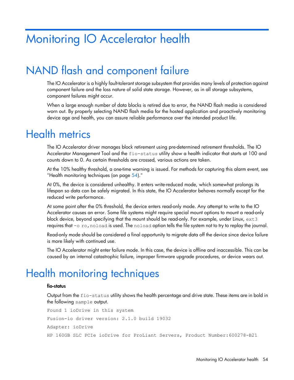 Monitoring io accelerator health, Nand flash and component failure, Health metrics | Health monitoring techniques | HP IO Accelerator for BladeSystem c-Class User Manual | Page 54 / 84