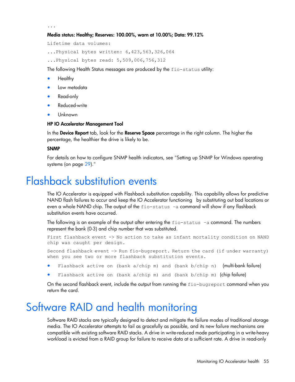 Flashback substitution events, Software raid and health monitoring | HP IO Accelerator for BladeSystem c-Class User Manual | Page 55 / 84