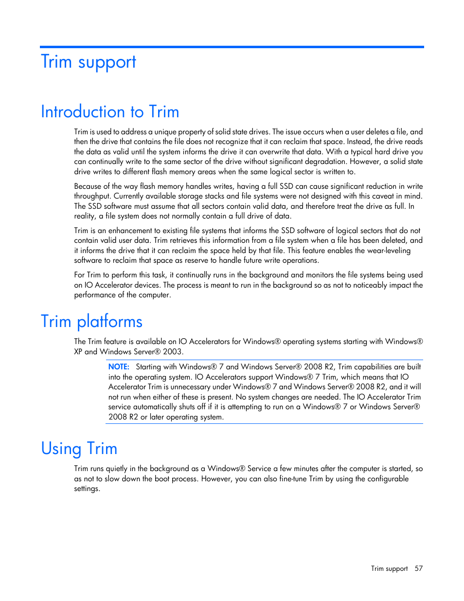 Trim support, Introduction to trim, Trim platforms | Using trim | HP IO Accelerator for BladeSystem c-Class User Manual | Page 57 / 84
