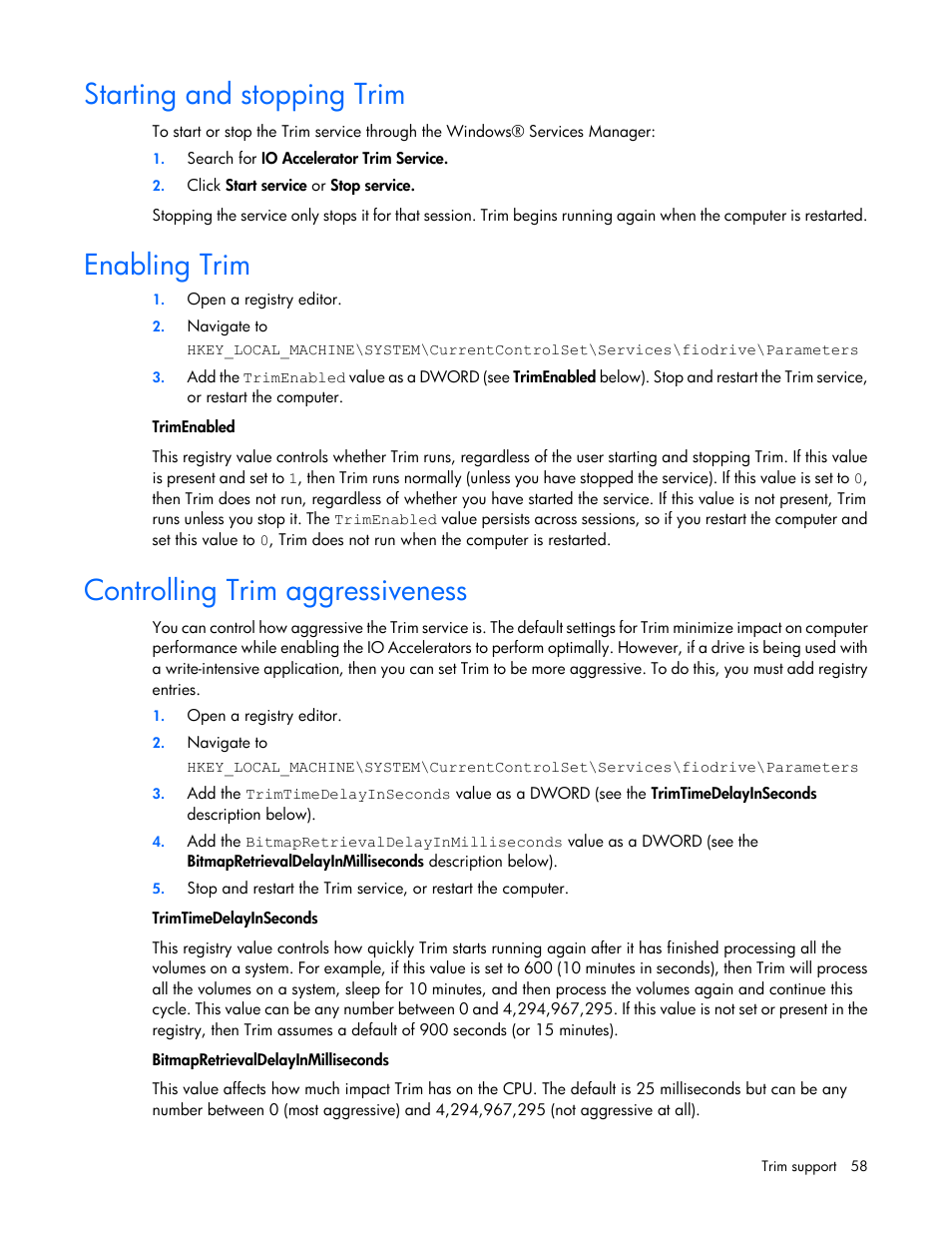 Starting and stopping trim, Enabling trim, Controlling trim aggressiveness | HP IO Accelerator for BladeSystem c-Class User Manual | Page 58 / 84