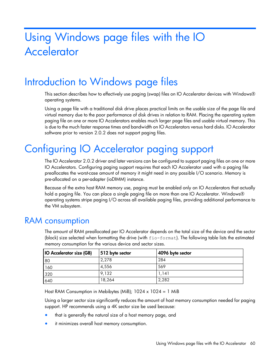 Configuring io accelerator paging support, Ram consumption, Using windows page files with the io accelerator | Introduction to windows page files | HP IO Accelerator for BladeSystem c-Class User Manual | Page 60 / 84