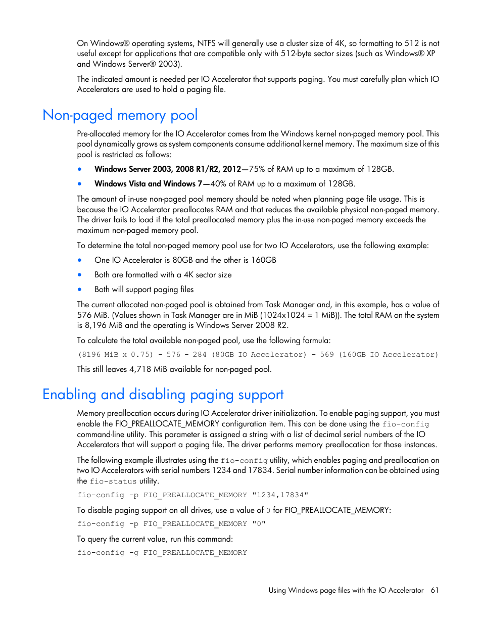 Enabling and disabling paging support | HP IO Accelerator for BladeSystem c-Class User Manual | Page 61 / 84