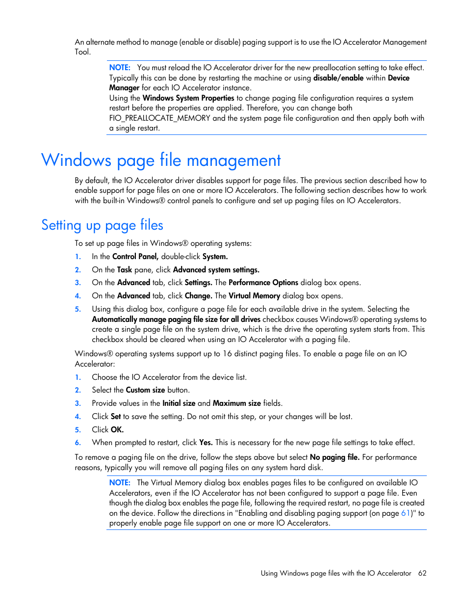 Windows page file management, Setting up page files | HP IO Accelerator for BladeSystem c-Class User Manual | Page 62 / 84