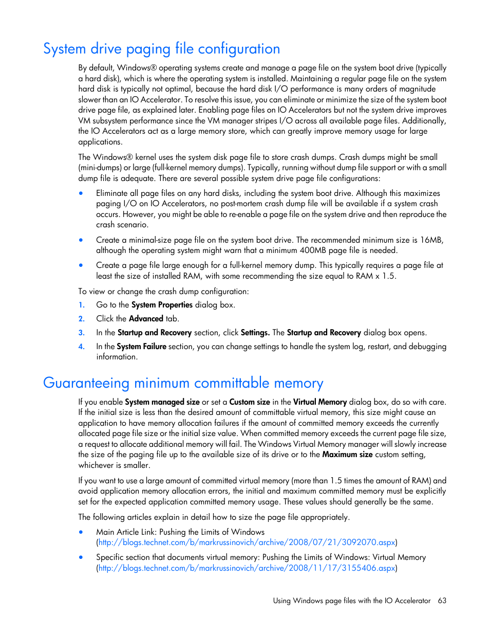 System drive paging file configuration, Guaranteeing minimum committable memory | HP IO Accelerator for BladeSystem c-Class User Manual | Page 63 / 84