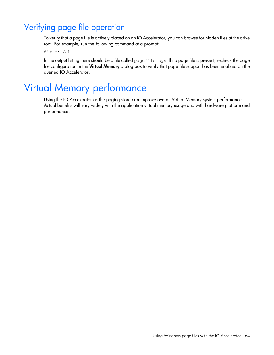 Virtual memory performance, Verifying page file operation | HP IO Accelerator for BladeSystem c-Class User Manual | Page 64 / 84