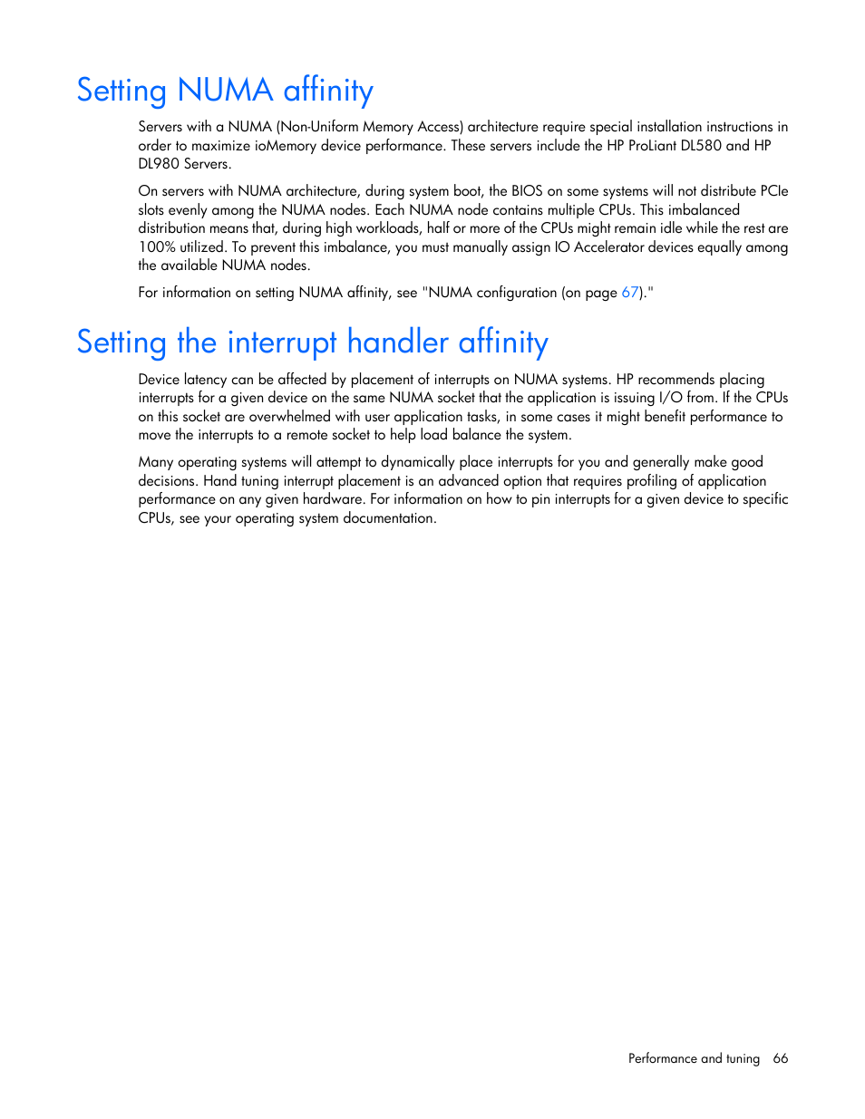 Setting numa affinity, Setting the interrupt handler affinity | HP IO Accelerator for BladeSystem c-Class User Manual | Page 66 / 84