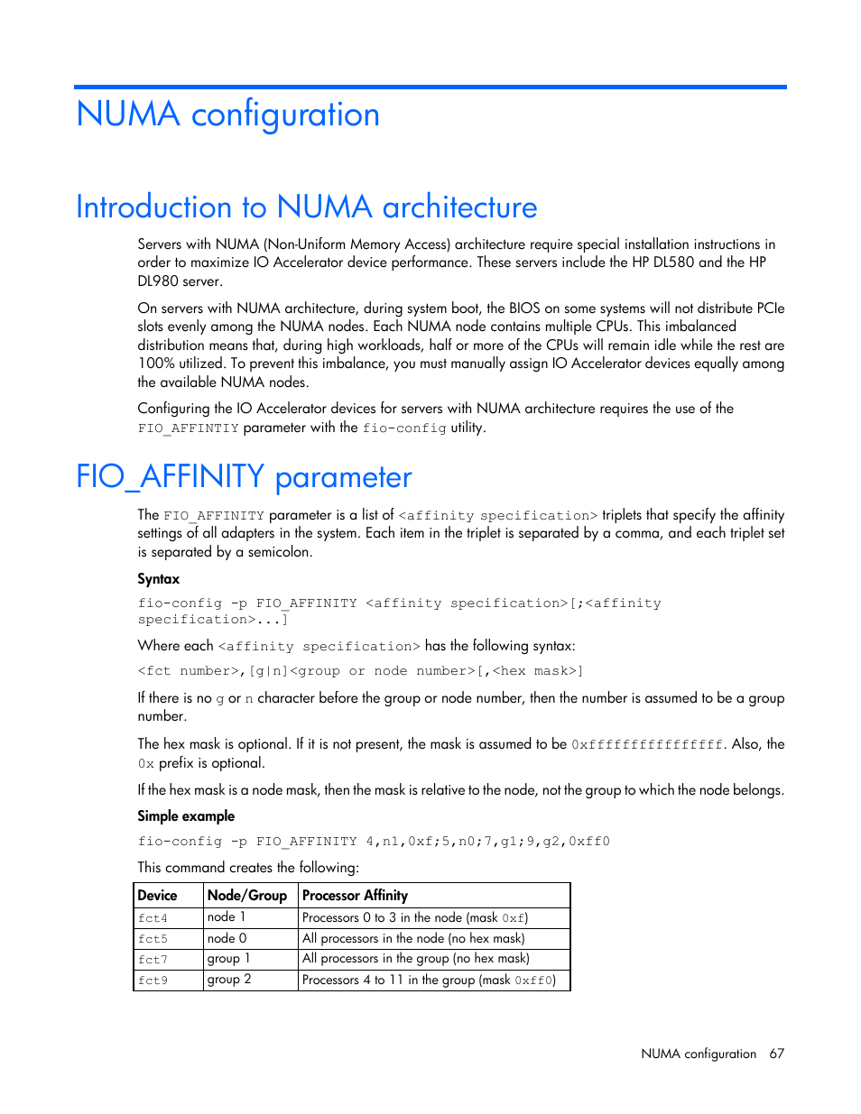 Numa configuration, Introduction to numa architecture, Fio_affinity parameter | HP IO Accelerator for BladeSystem c-Class User Manual | Page 67 / 84