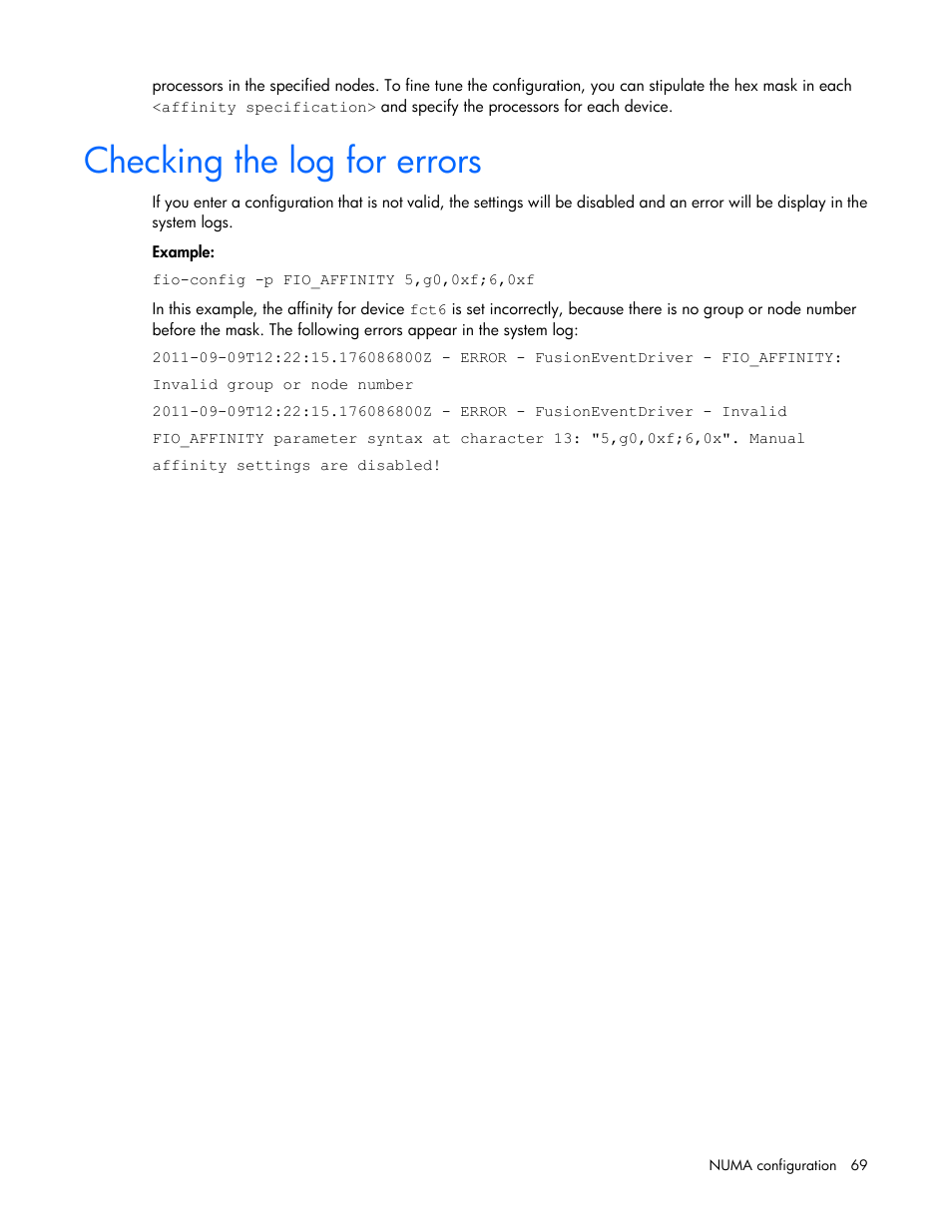 Checking the log for errors | HP IO Accelerator for BladeSystem c-Class User Manual | Page 69 / 84