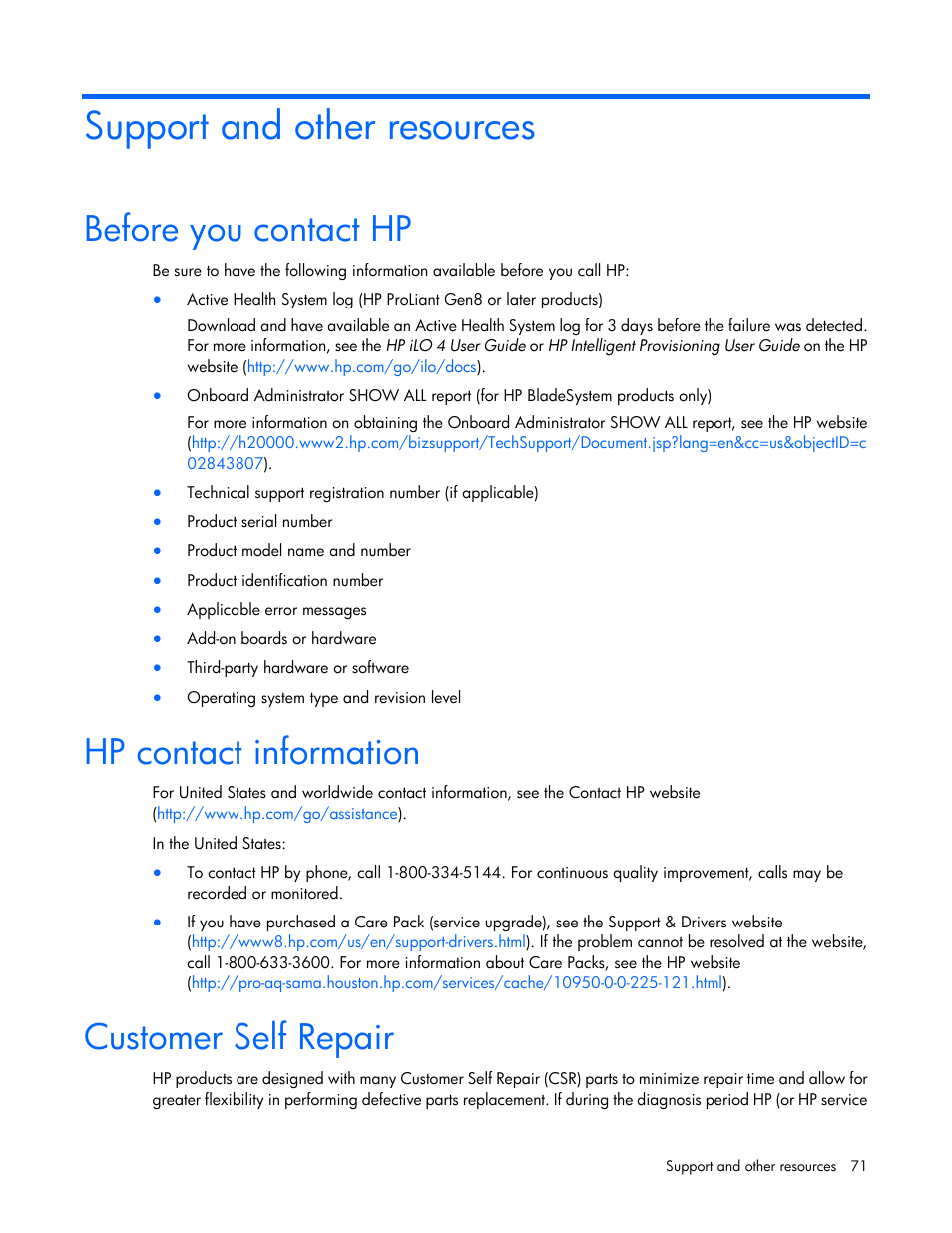 Support and other resources, Before you contact hp, Hp contact information | Customer self repair | HP IO Accelerator for BladeSystem c-Class User Manual | Page 71 / 84